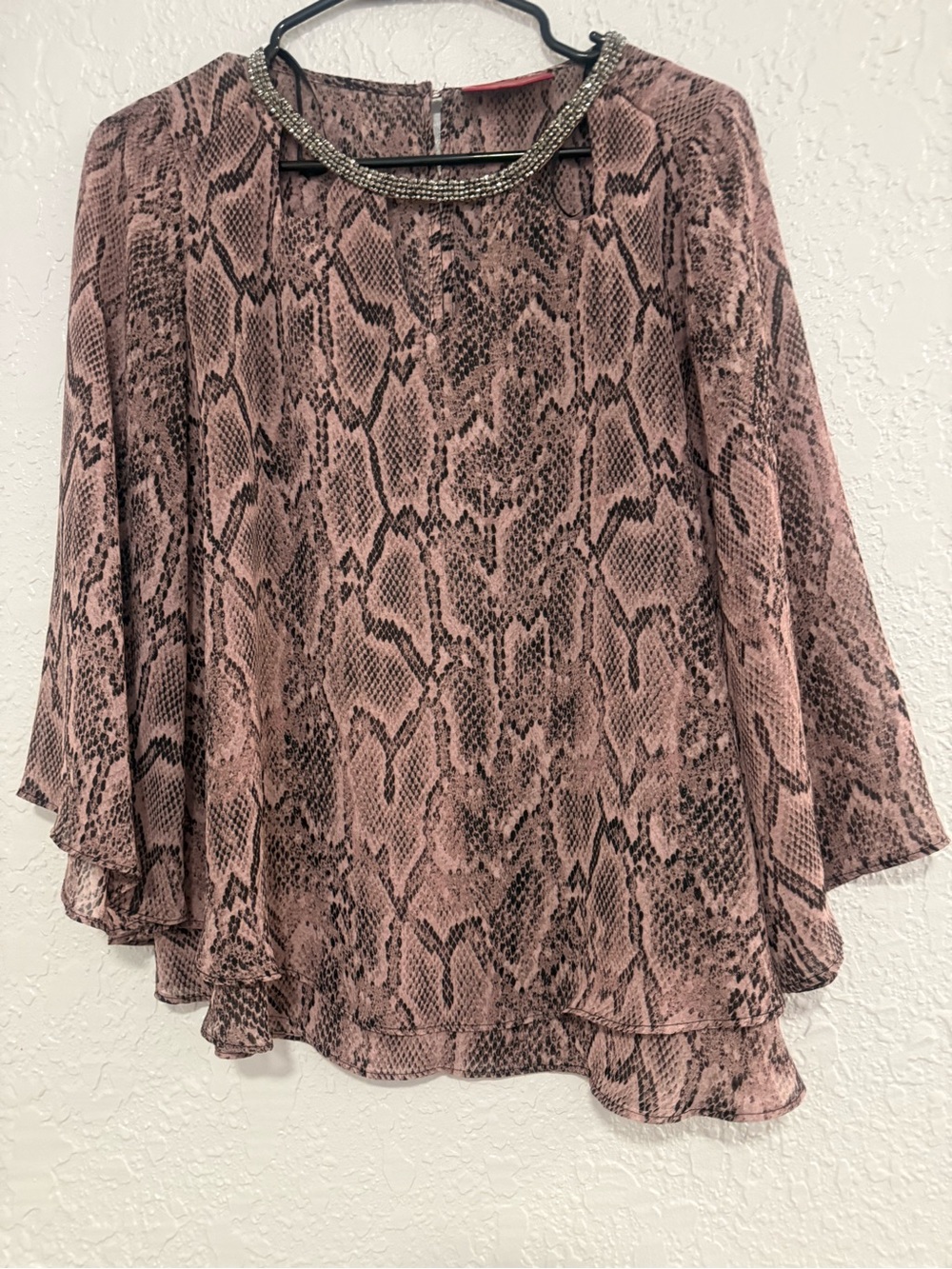 Jennifer Lopez Pink Snake-Print Chiffon Blouse with Beaded Neckline